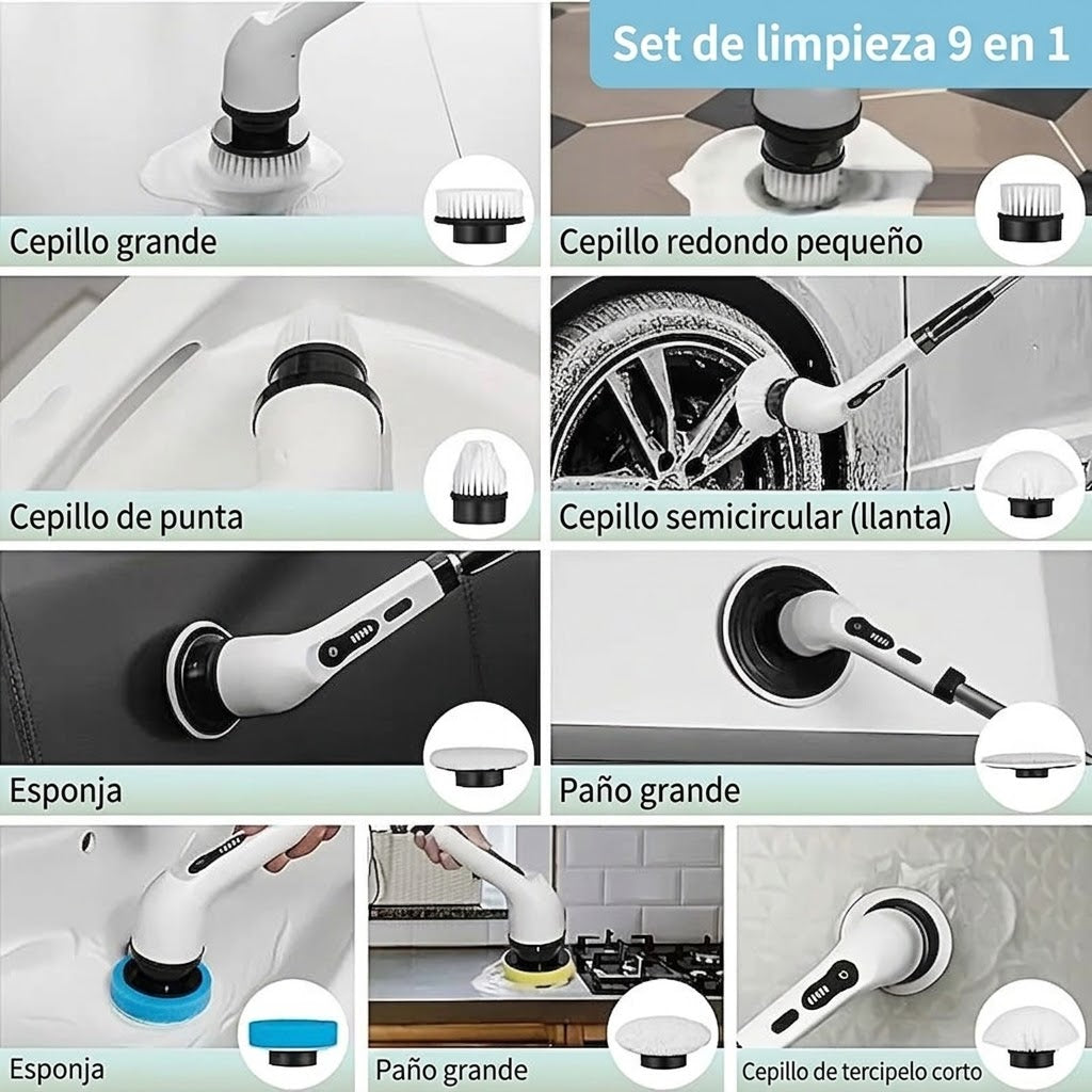 Cepillo eléctrico de limpieza inalámbrico 9 en 1 con mango largo retráctil